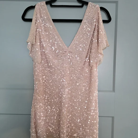 Papell Boutique Evening Pink Sequined Silk Beaded Short Sleeve Top Blouse - XL - Picture 1 of 5